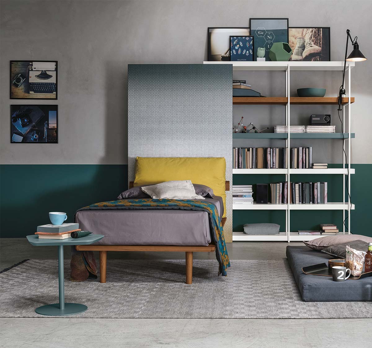 Letto singolo con cuscino, finitura Nodato scuro e tessuto Giallo