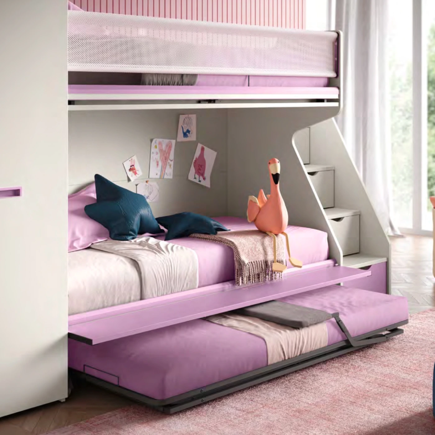 Letto a castello Level, con scaletta contenitiva, Quarzo e Dalia, Moretti Compact