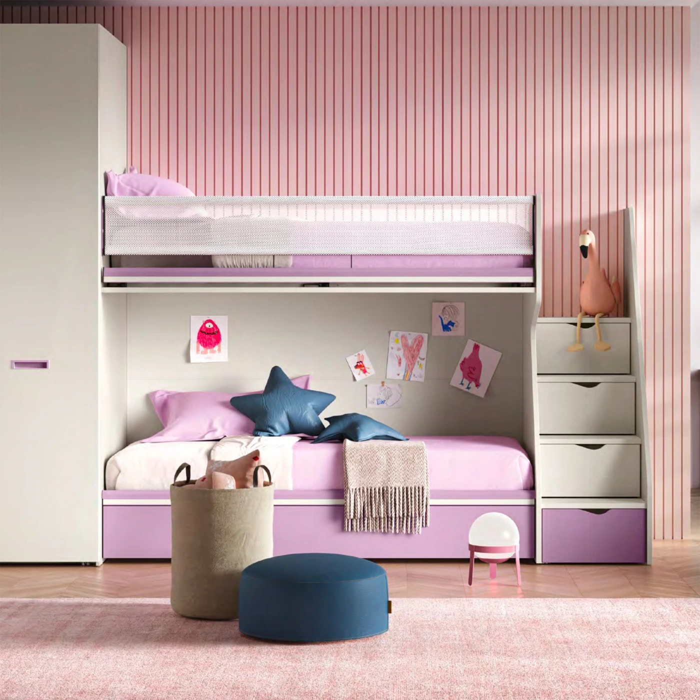 Letto a castello Level, con scaletta contenitiva, Quarzo e Dalia, Moretti Compact