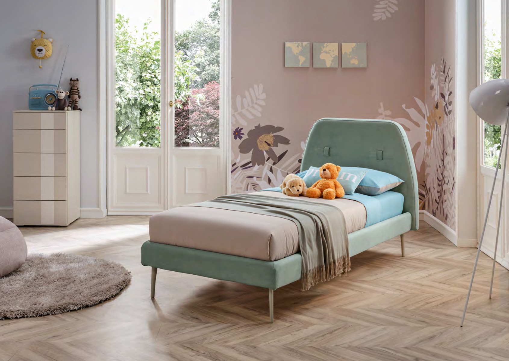 Letto singolo Cake Moretti Compact in tessuto Caraibi con piedini Corda laccato