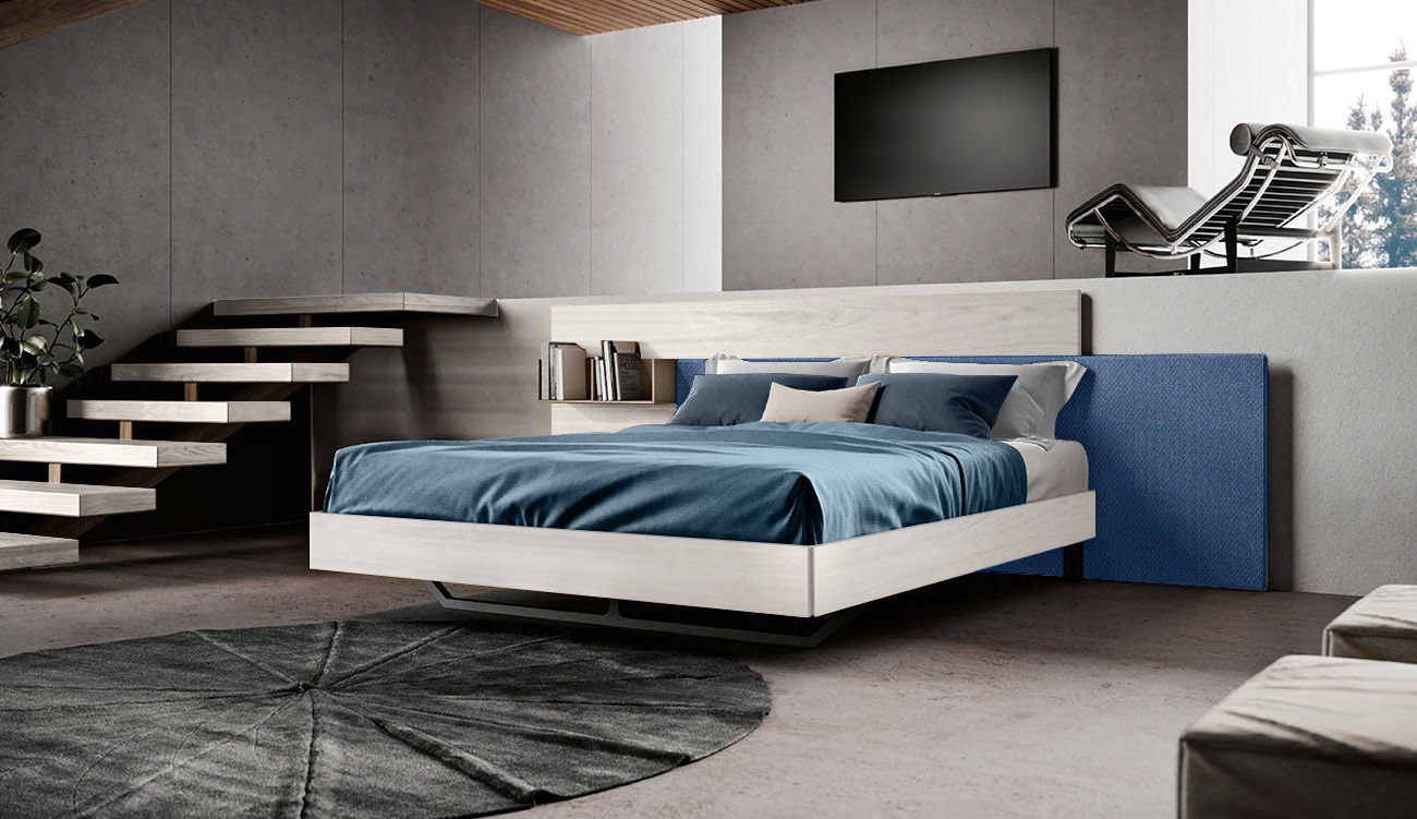 Letto matrimoniale moderno bianco altea con inserto tessuto azzurro