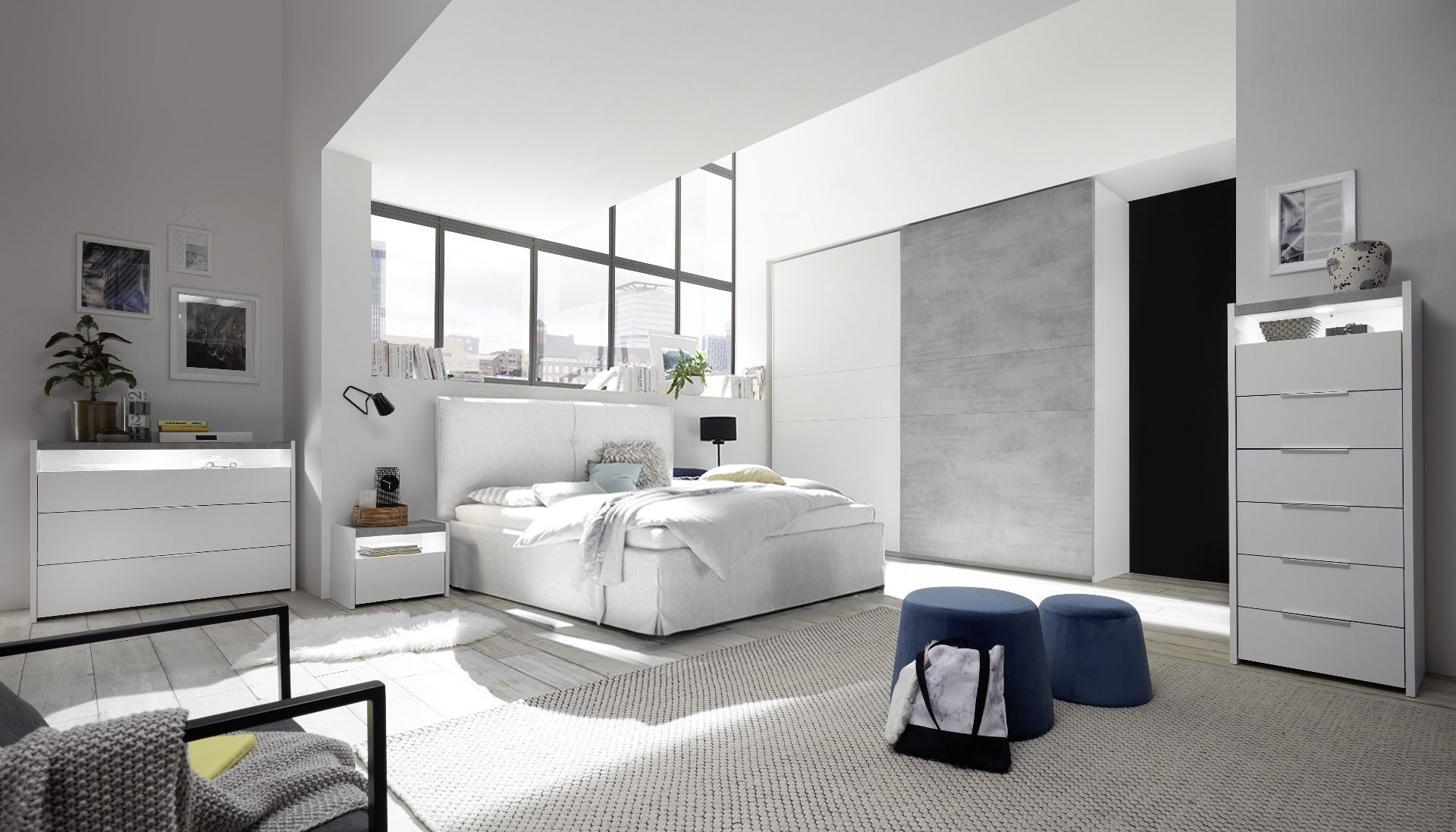 Camere matrimoniale Bianca Opaco e Beton con comodini e armadio H.248