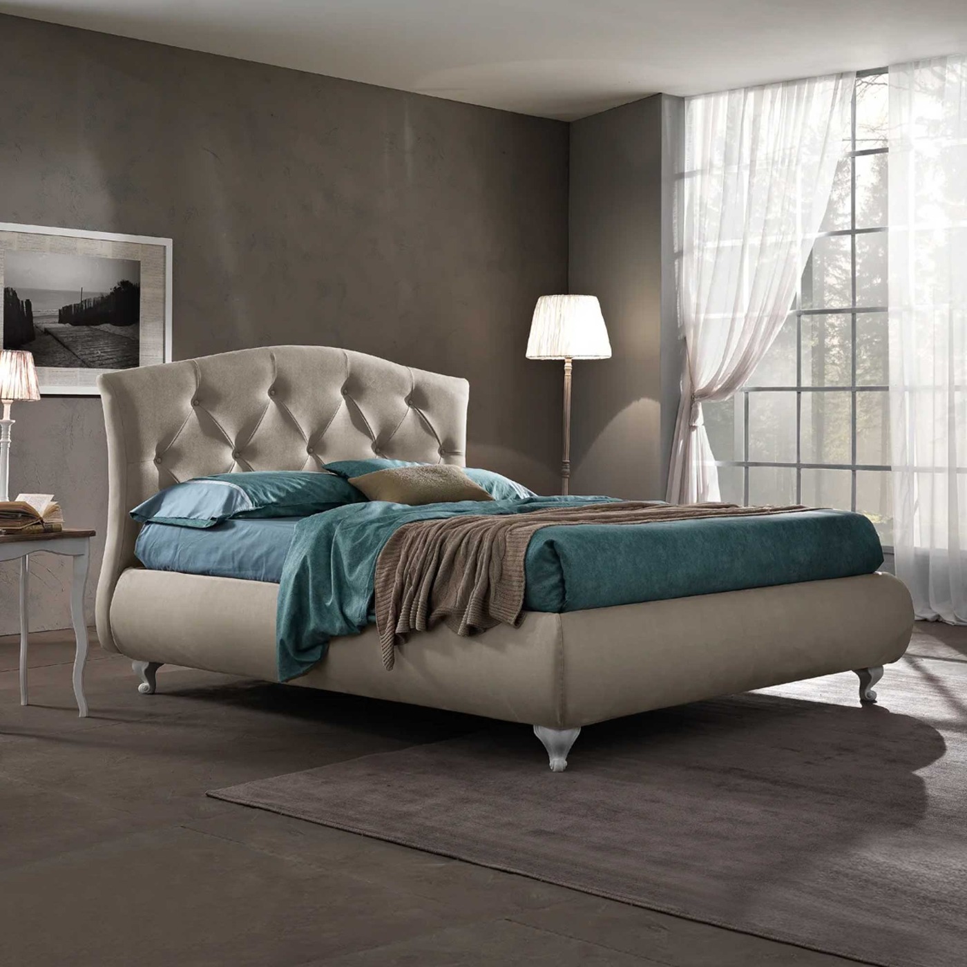 Letto matrimoniale con rete contenitore con tessuto colore Sabbia