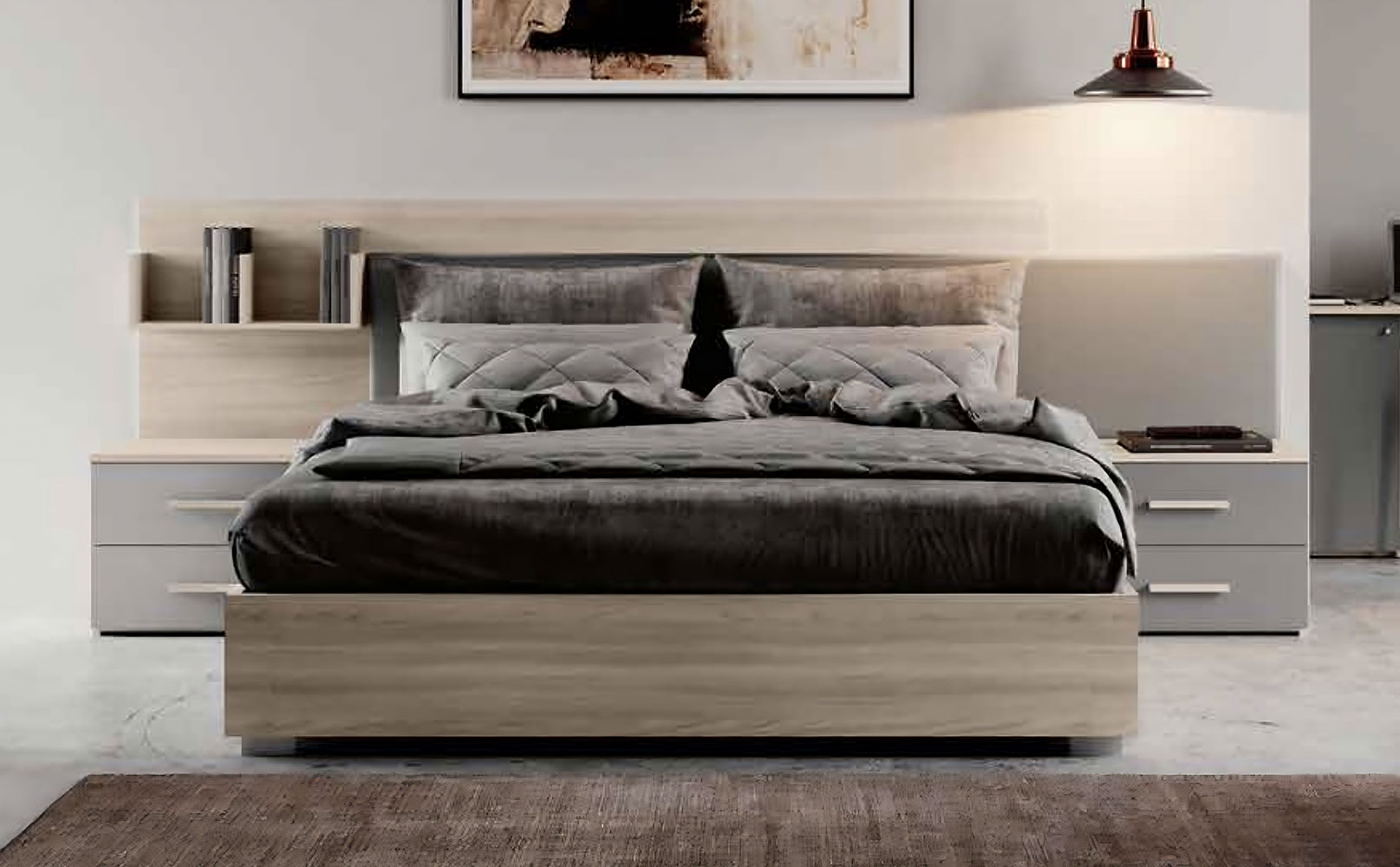 Letto matrimoniale moderno 160x190 in Grigio Argento e Olmo Natura