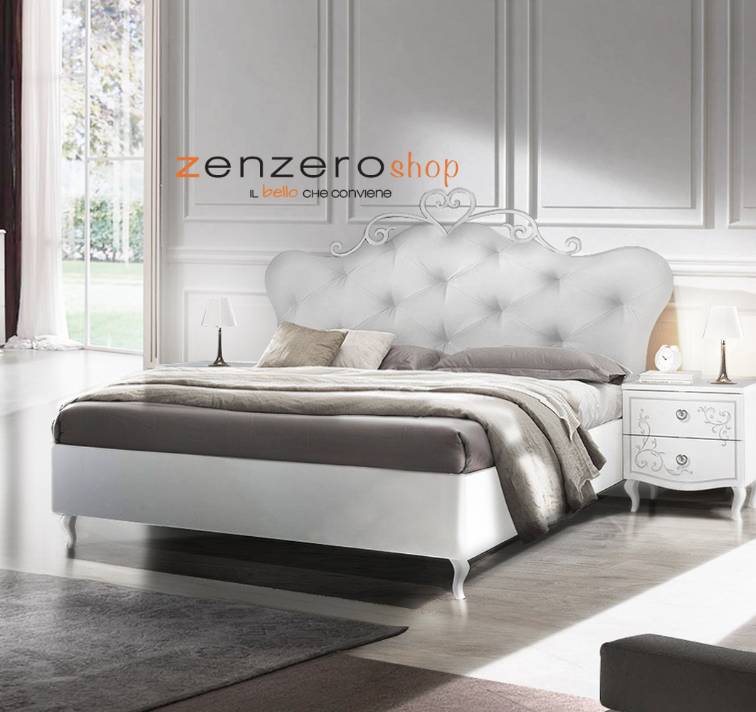 Letto matrimoniale elegante con fregio a cuore e testata imbottita,  Bianco 