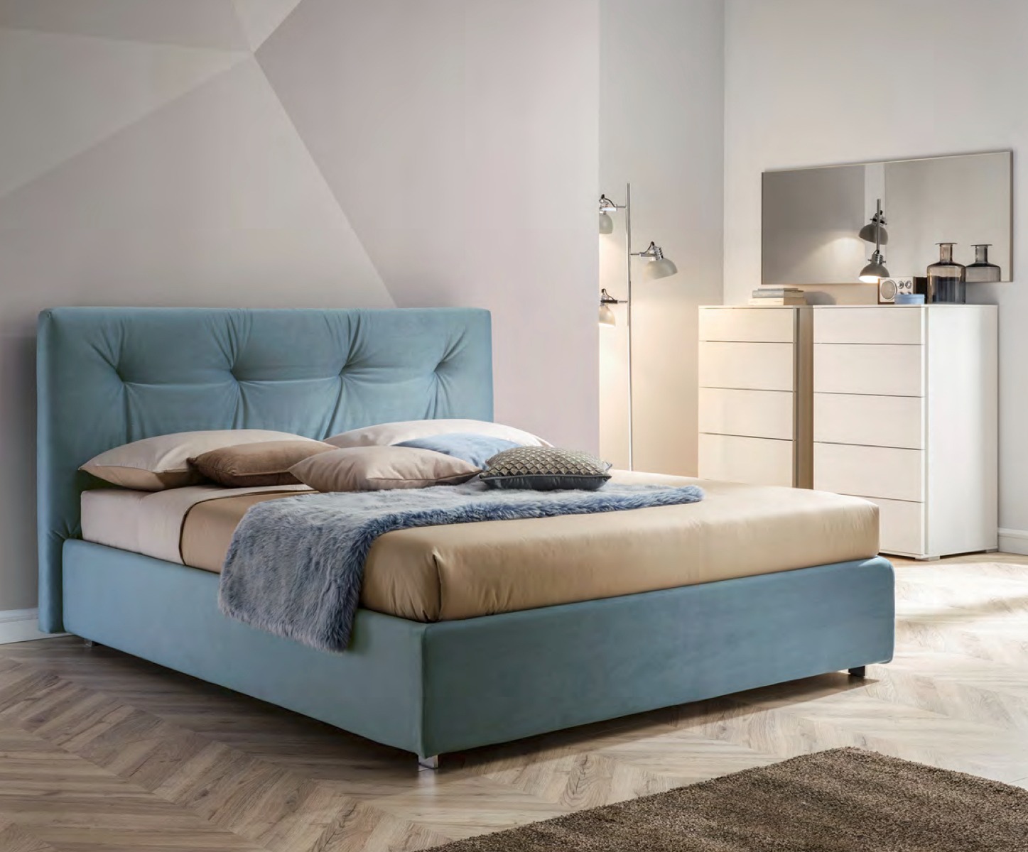 Letto matrimoniale Luna in tessuto velvet, finitura Baltico