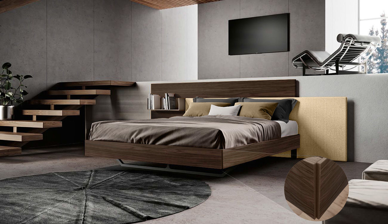 Moderno letto matrimoniale in finitura noce moro con inserto tessuto crema