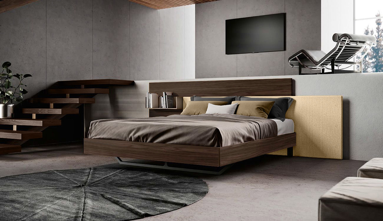 Moderno letto matrimoniale in finitura noce moro con inserto tessuto crema