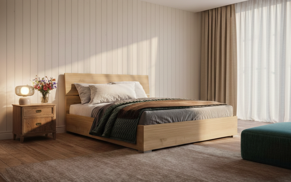 Letto matrimoniale Metiz con contenitore, finitura Noce Biondo