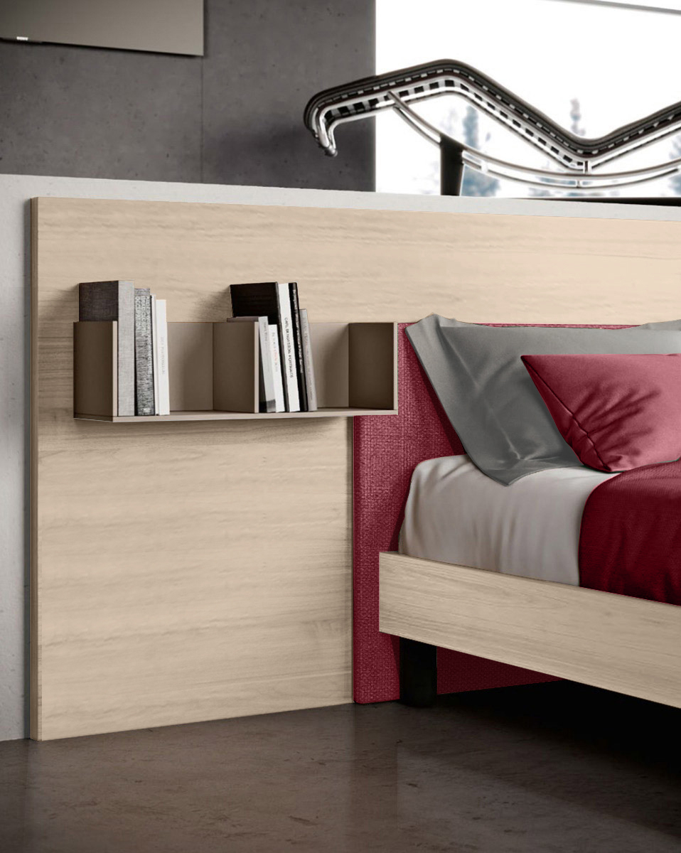 Letto matrimoniale con inserto tessuto in testata, finitura Olmo natura e Bordeaux