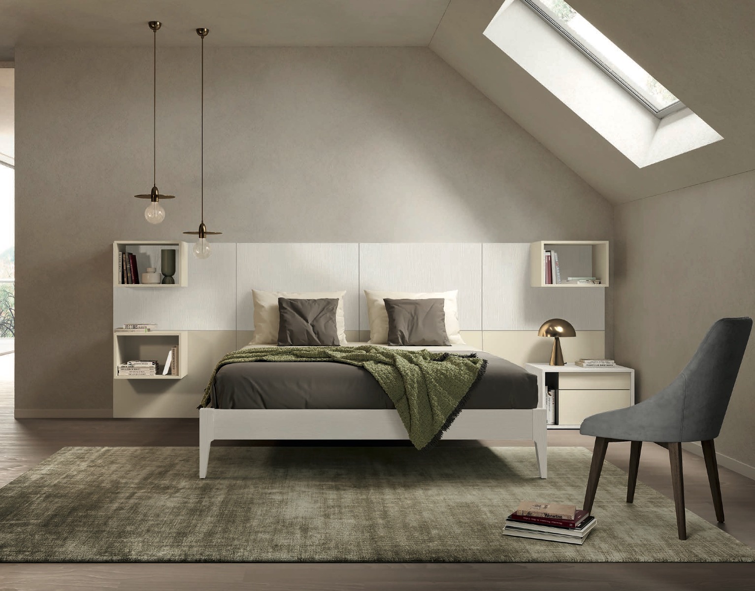 Letto matrimoniale con pannello attrezzato, finitura Rovere white e Desert