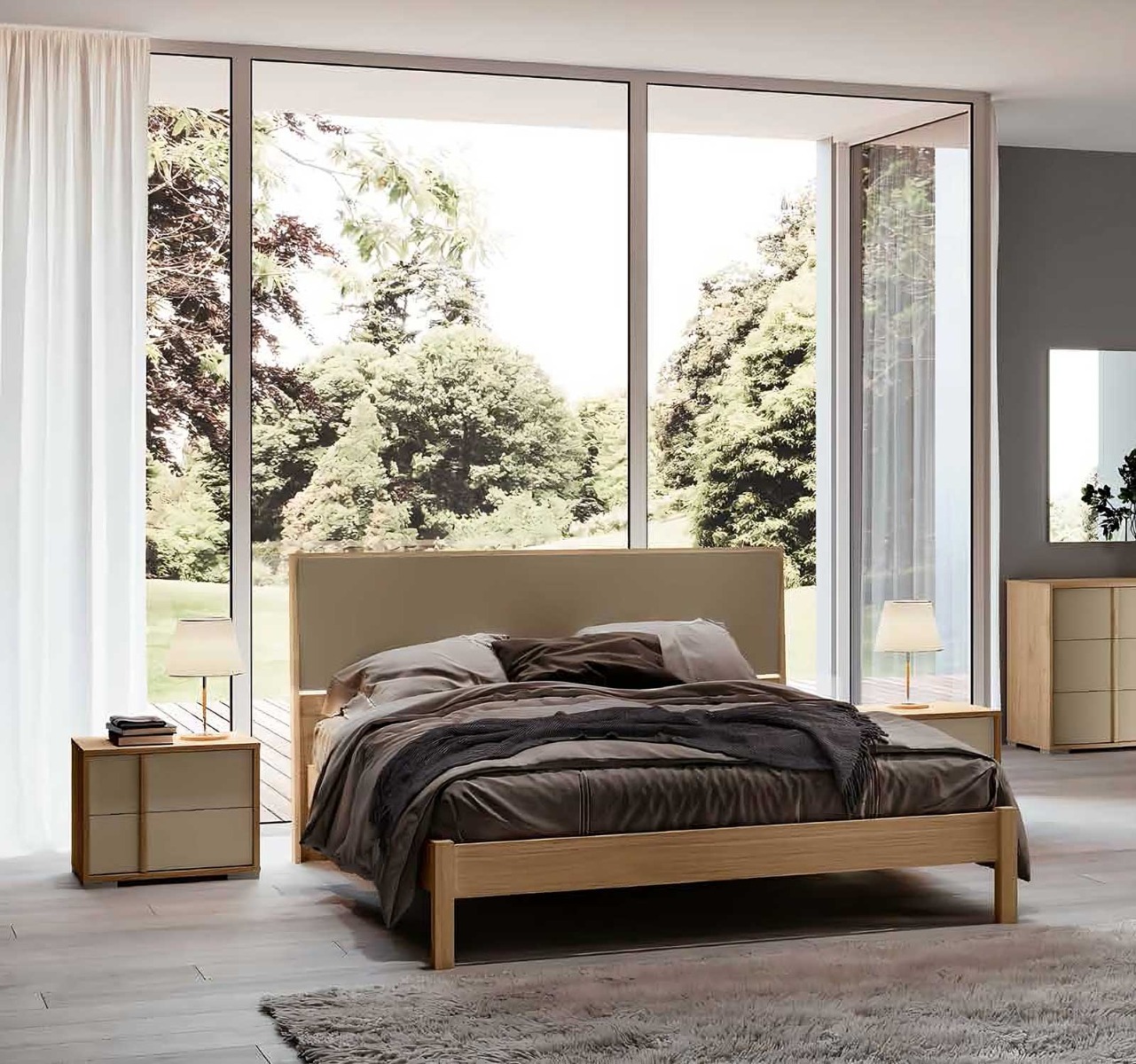 Letto matrimoniale moderno, finitura Oro e Noce biondo