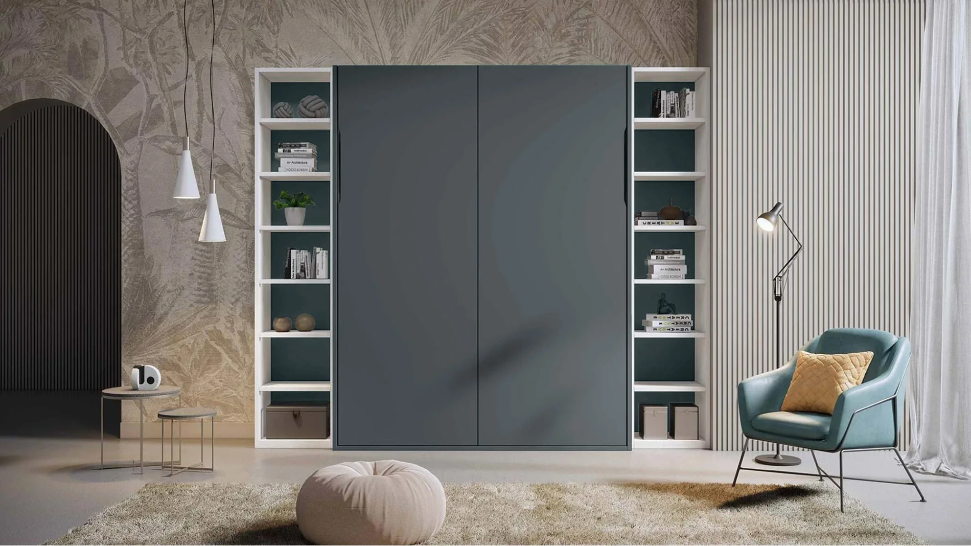 Letto salvaspazio matrimoniale con librerie, finitura Blu reale e Bianco frassino