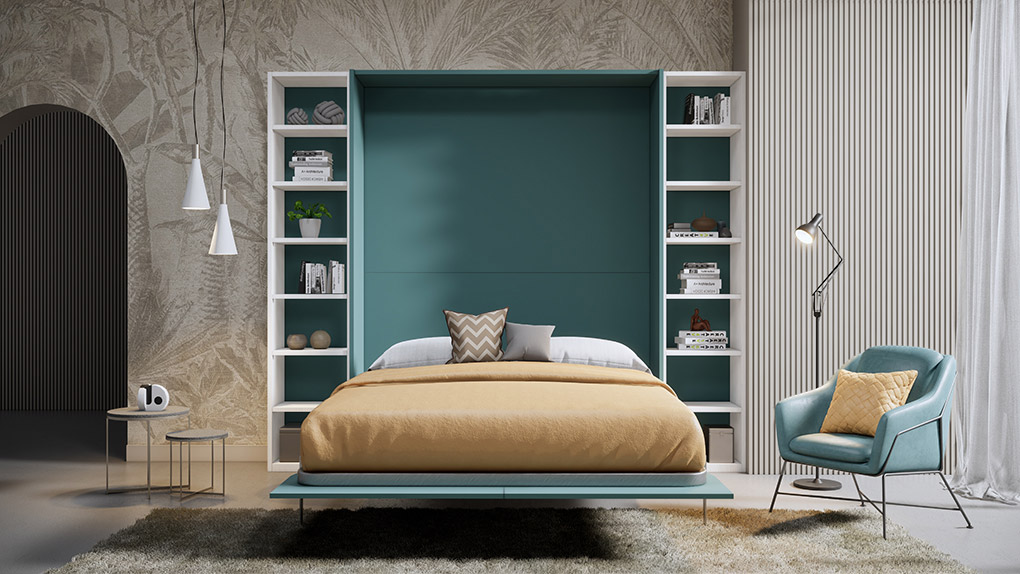 Letto salvaspazio 1 piazza e mezza con librerie, finitura Gessato cenere e Frassino bianco