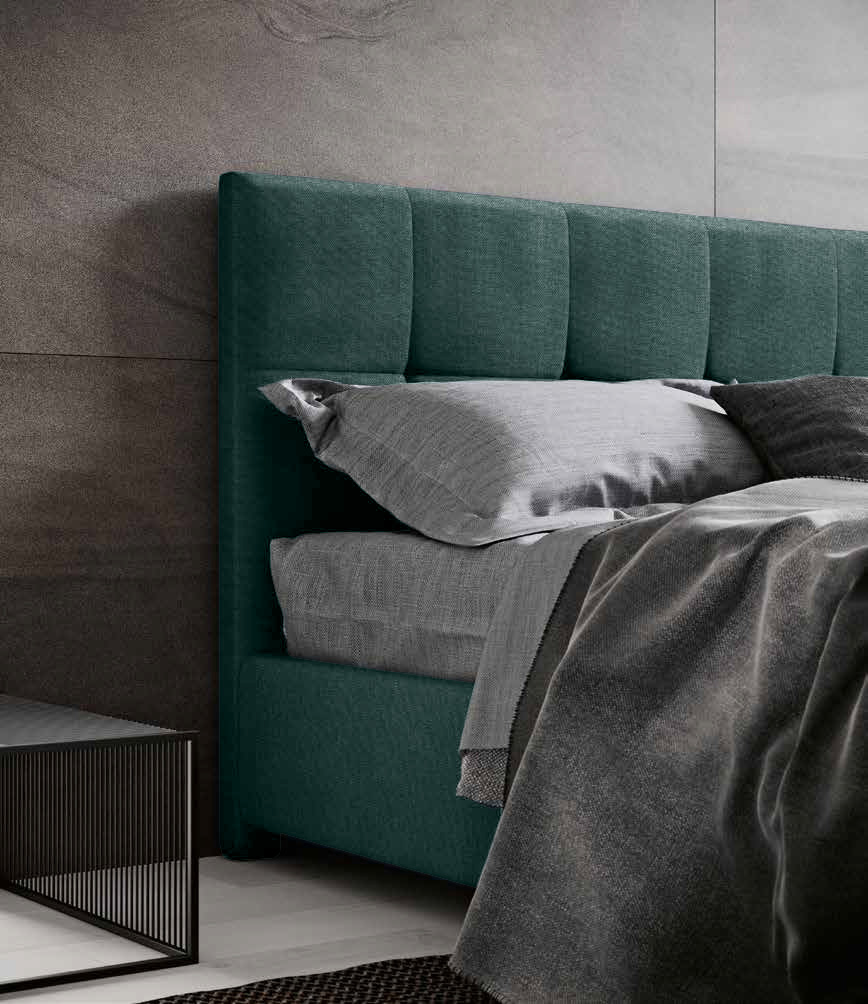 Letto matrimoniale king size imbottito verde bosco, testata retrofinita