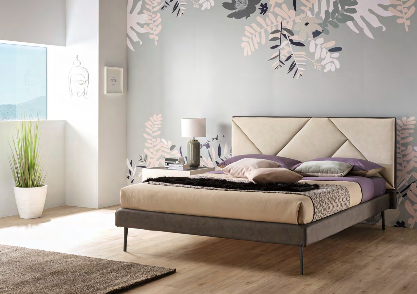 Letto matrimoniale Wolverine in ecopelle Perla e Ardesia