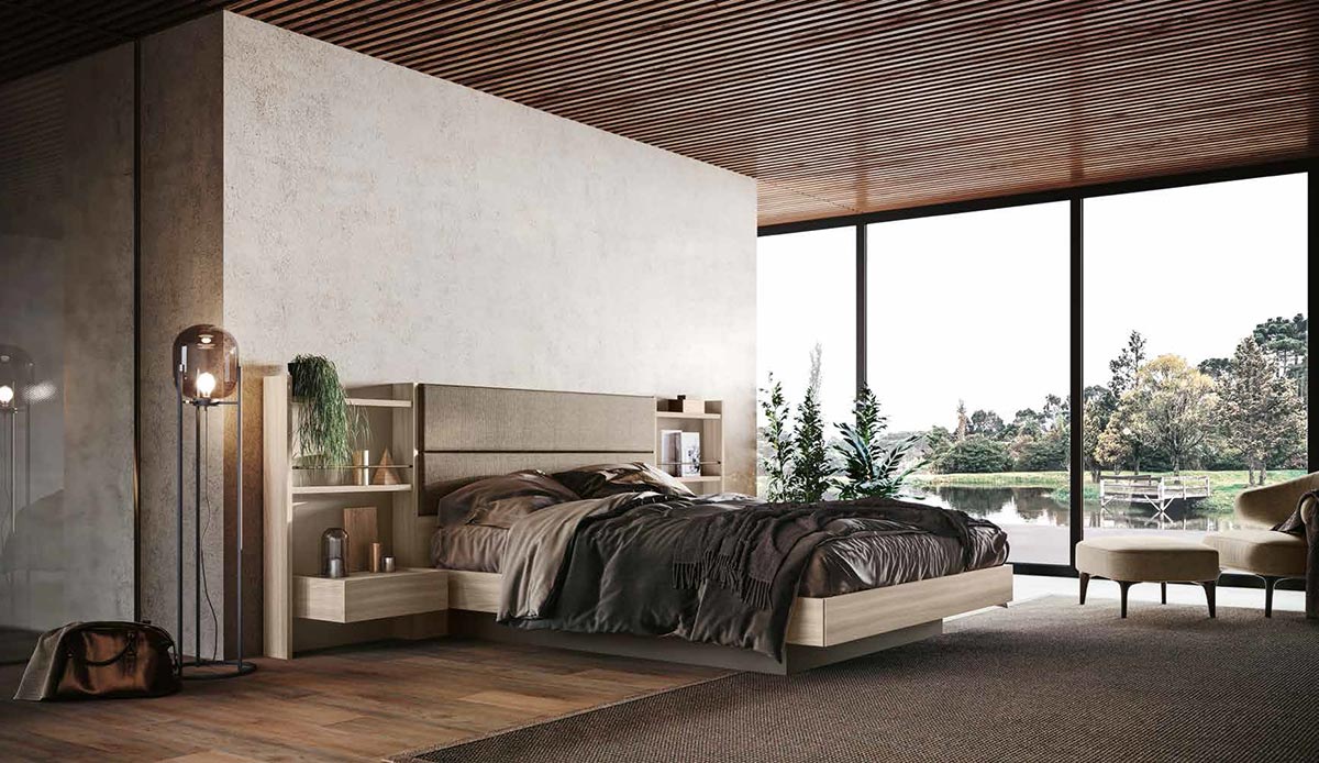 Letto Ester matrimoniale con contenitore, finitura Olmo natura, Visone e tessuto Castoro