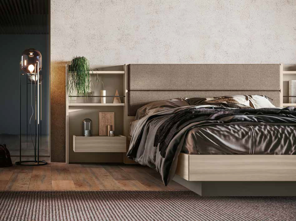 Letto Ester matrimoniale con contenitore, finitura Olmo natura, Visone e tessuto Castoro