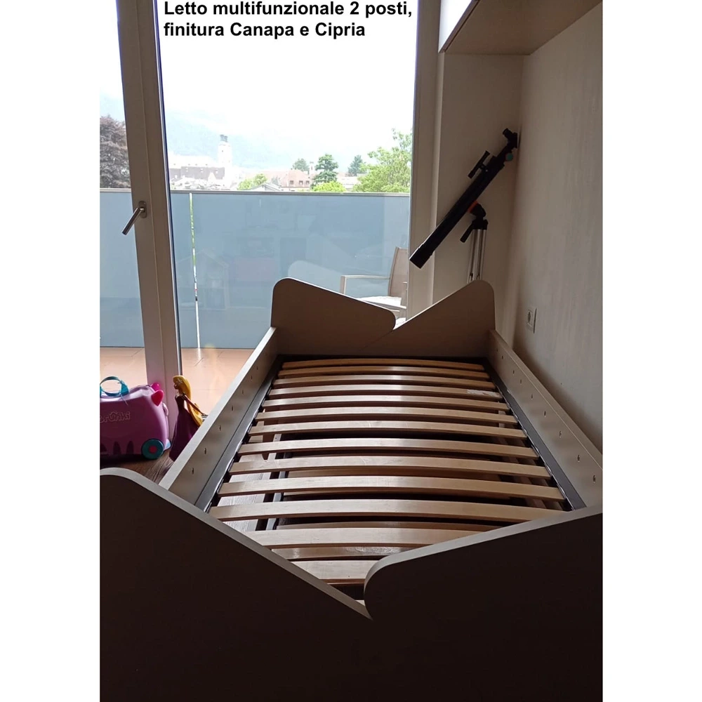 Letto multifunzionale 2 posti, finitura Blu opale e Cipria