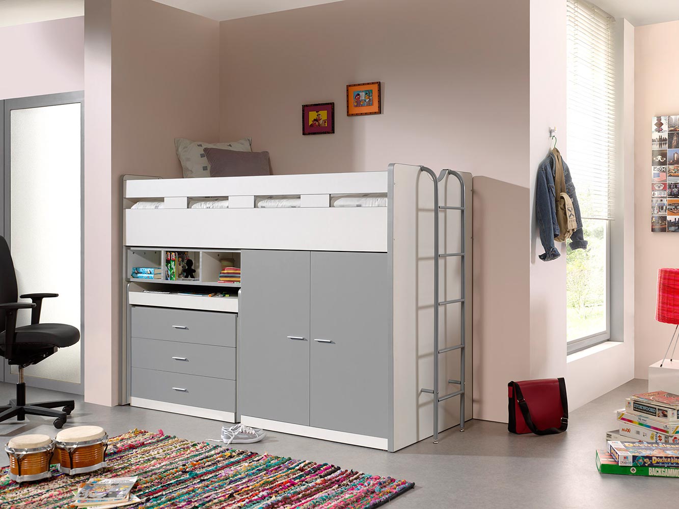 Letto multifunzionale con armadio e scrivania, disponibile in diverse finiture