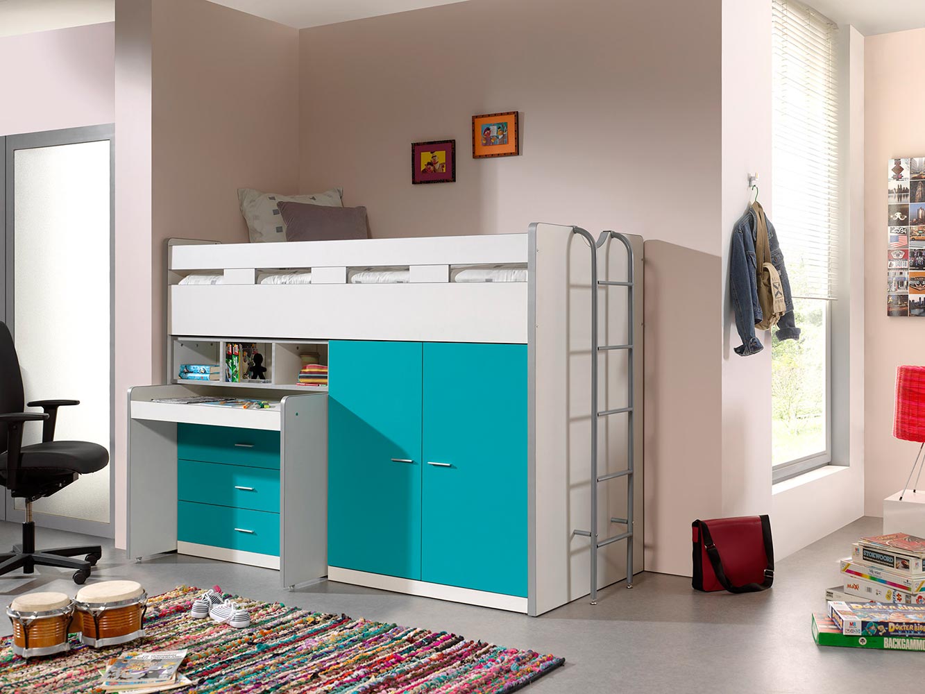 Letto multifunzionale con armadio e scrivania, disponibile in diverse finiture