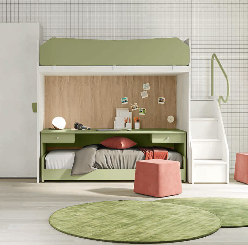 Letto con scrivania a castello, finitura Cemento artico, Oliva e Royal oak