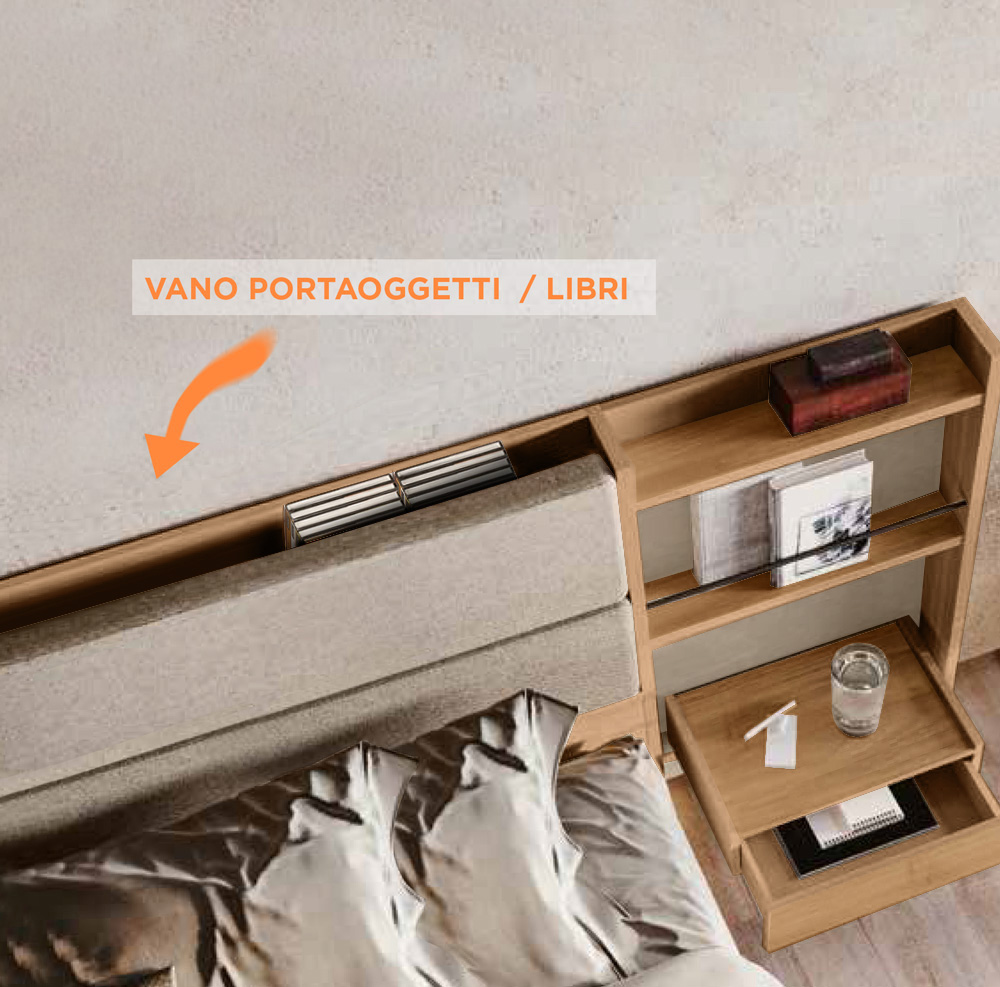 Elegante Letto matrimoniale contenitore Ester, finitura Noce biondo e Grigio cenere con testata tessuto Grigio