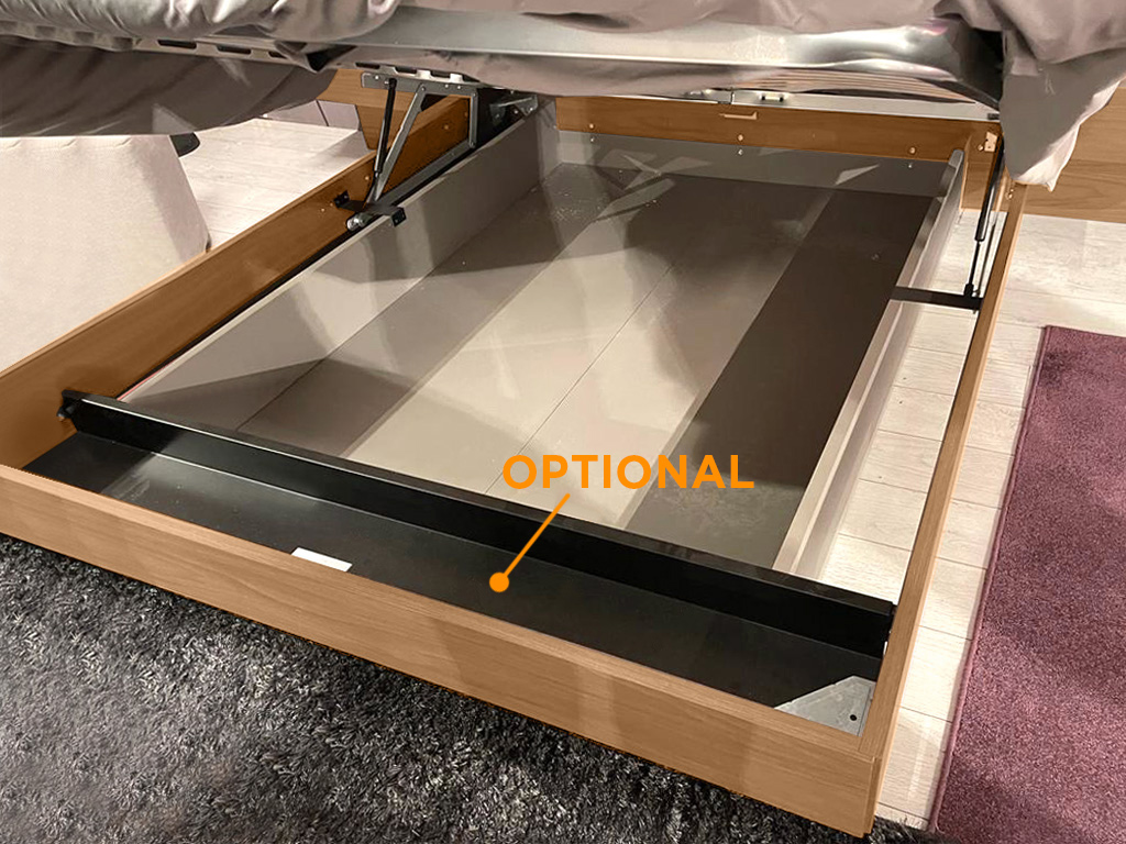 Elegante Letto matrimoniale contenitore Ester, finitura Noce biondo e Grigio cenere con testata tessuto Grigio