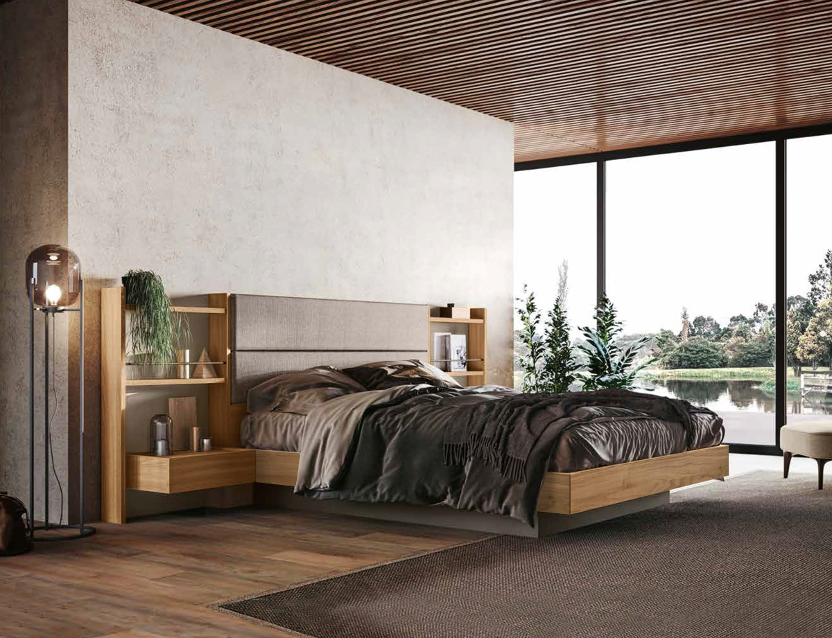 Elegante Letto matrimoniale contenitore Ester, finitura Noce biondo e Grigio cenere con testata tessuto Grigio