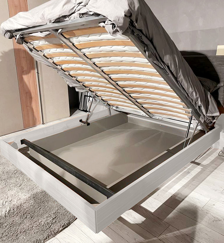 Letto matrimoniale Ester contenitore, finitura Bianco altea e Grigio seta con testata tessuto Grigio