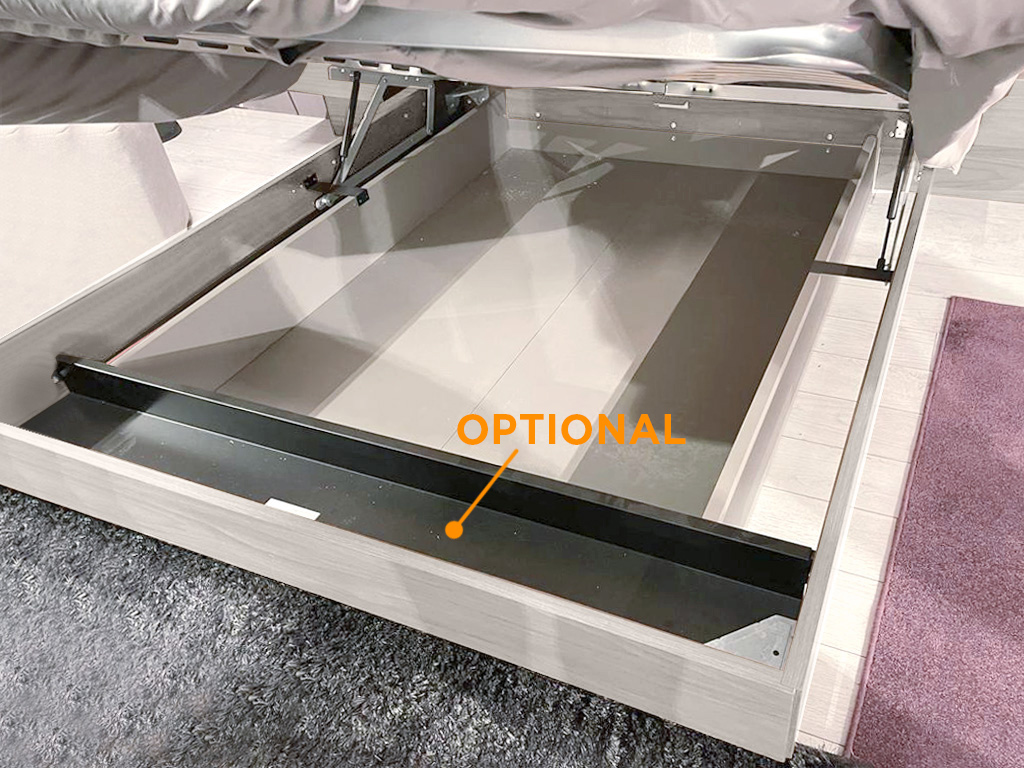 Letto matrimoniale Ester contenitore, finitura Bianco altea e Grigio seta con testata tessuto Grigio