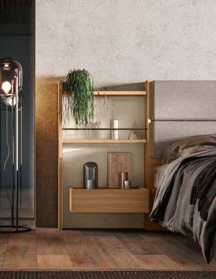 Elegante Letto matrimoniale contenitore Ester, finitura Noce biondo e Grigio cenere con testata tessuto Grigio