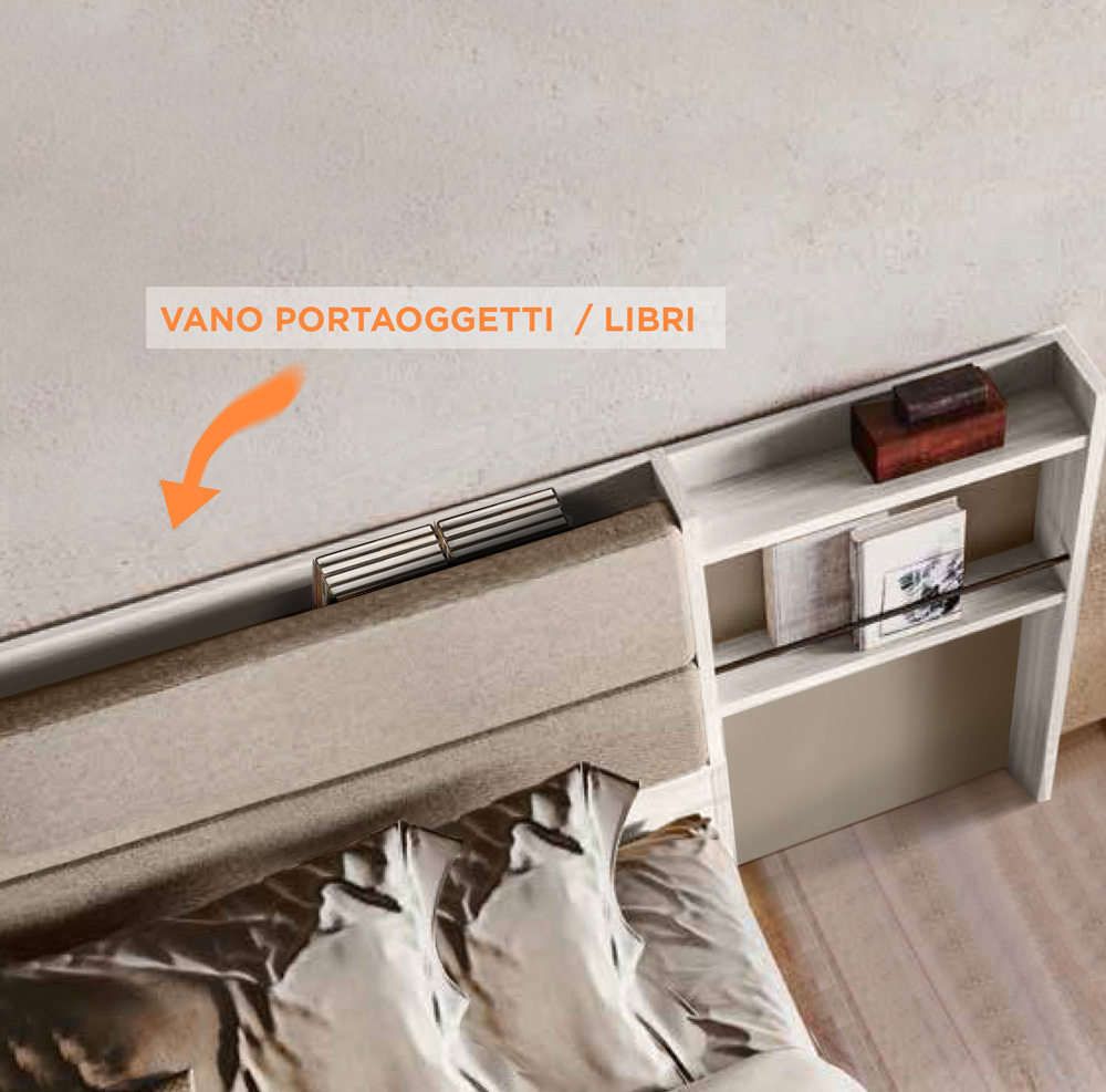 Letto matrimoniale Ester contenitore, finitura Bianco altea e Grigio seta con testata tessuto Grigio