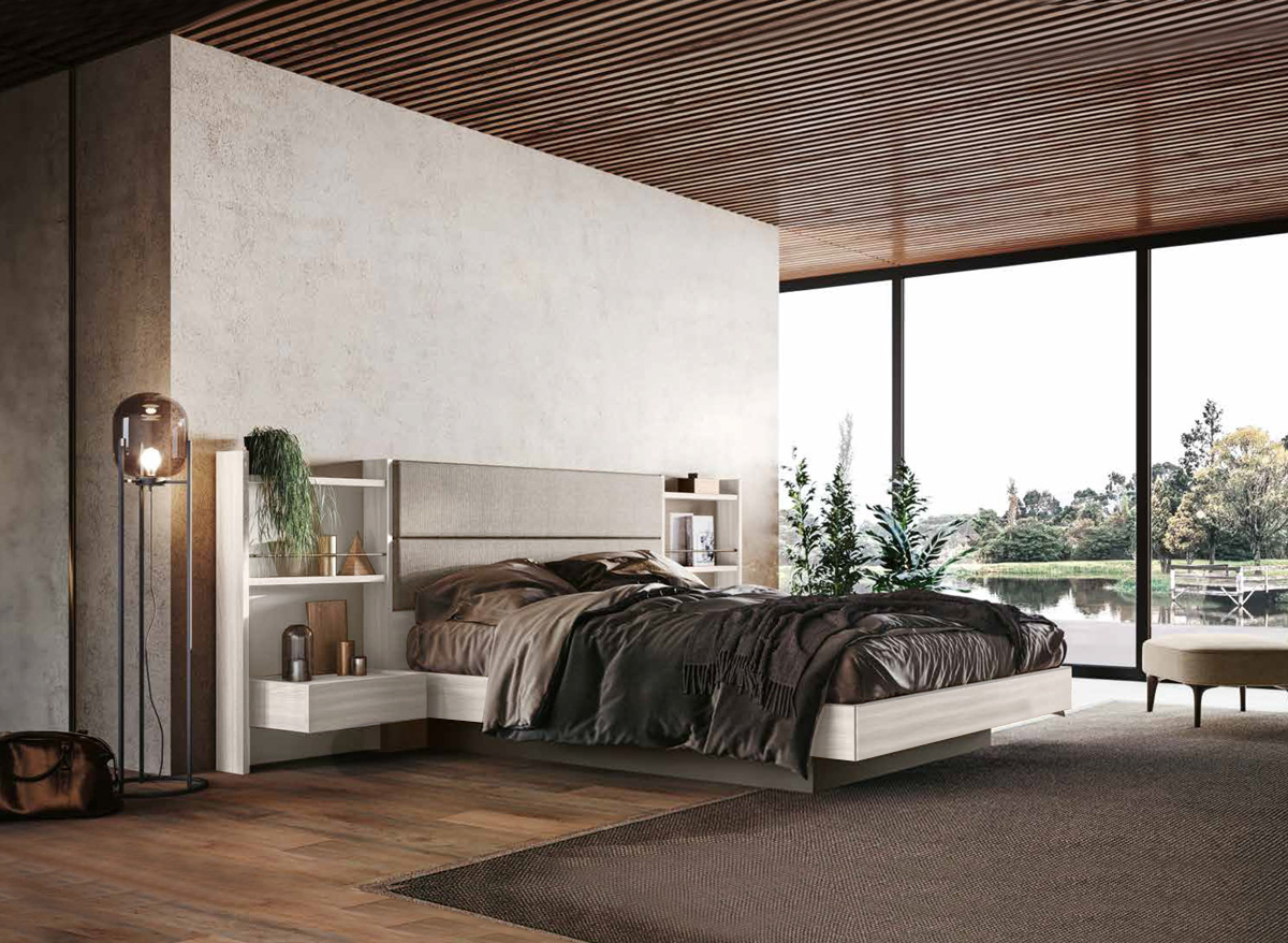 Letto matrimoniale Ester contenitore, finitura Bianco altea e Grigio seta con testata tessuto Grigio