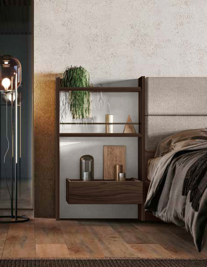 Letto matrimoniale Ester, finitura Noce moro e Grigio seta con testata tessuto Grigio