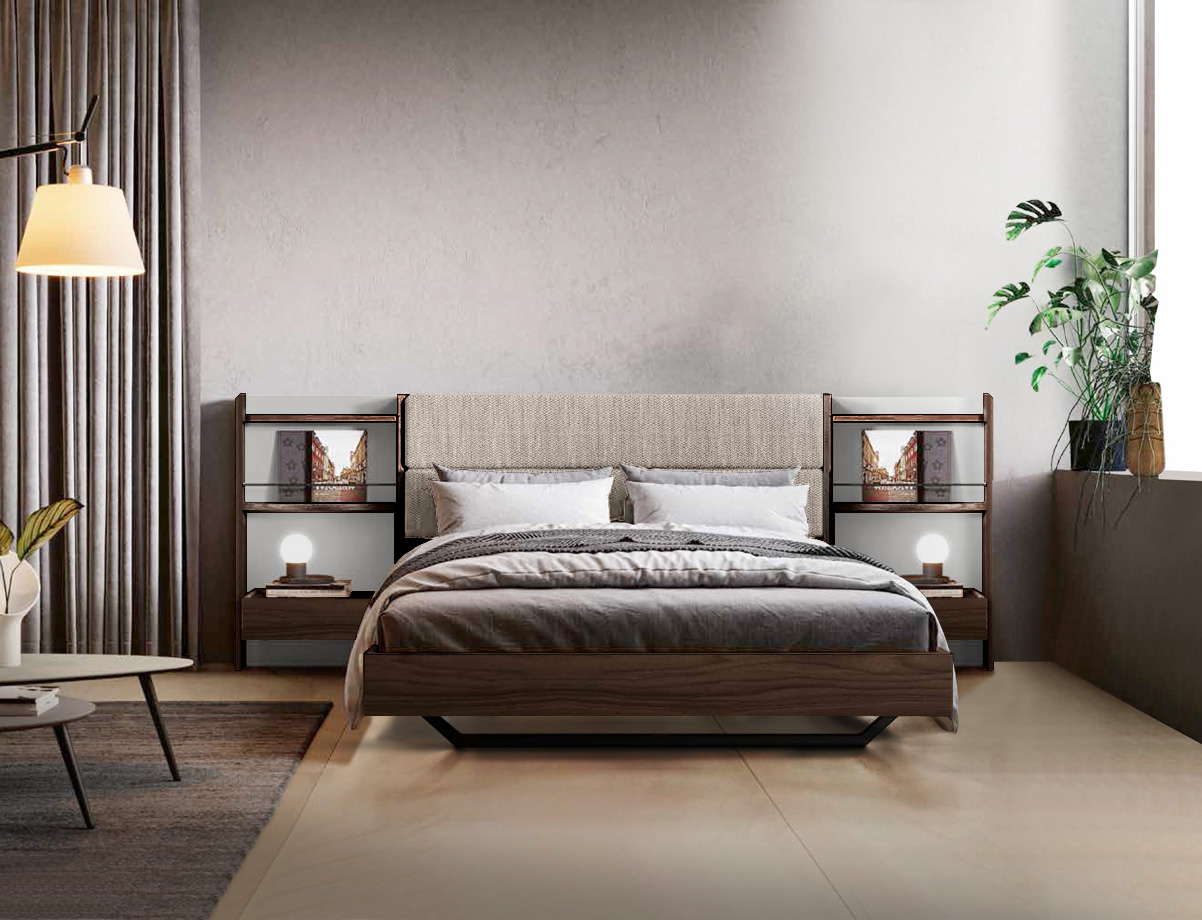 Letto matrimoniale Ester, finitura Noce moro e Grigio seta con testata tessuto Grigio