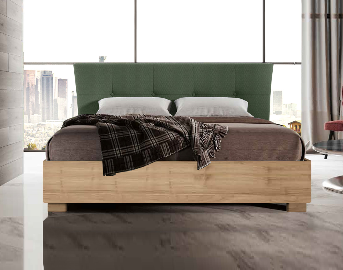 Letto con testata imbottita e giroletto in legno, Verde bosco e Noce biondo