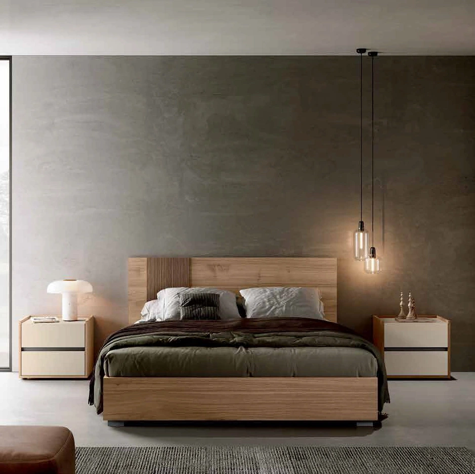 Letto matrimoniale, Noce biondo e Cannettato, 160x190