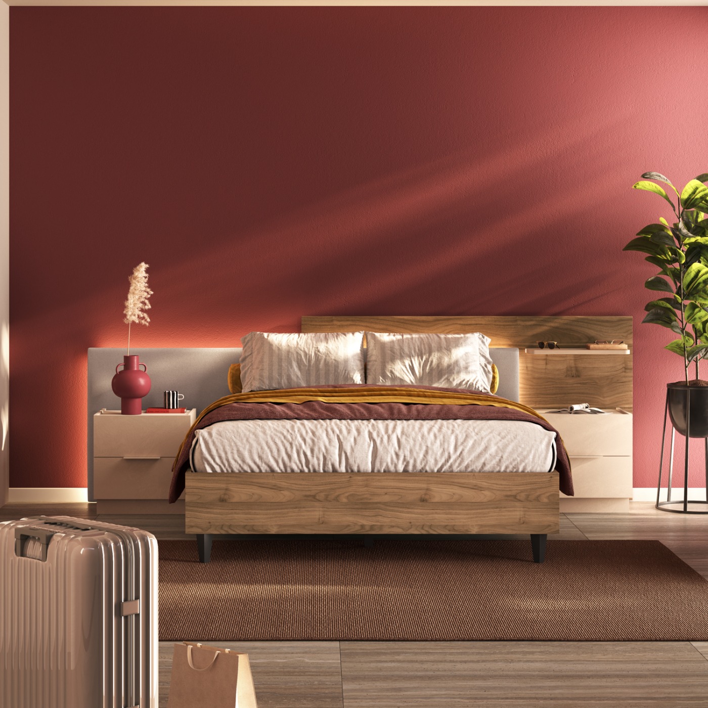 Letto matrimoniale con testiera sfalsata, Noce caramello e velluto Beige