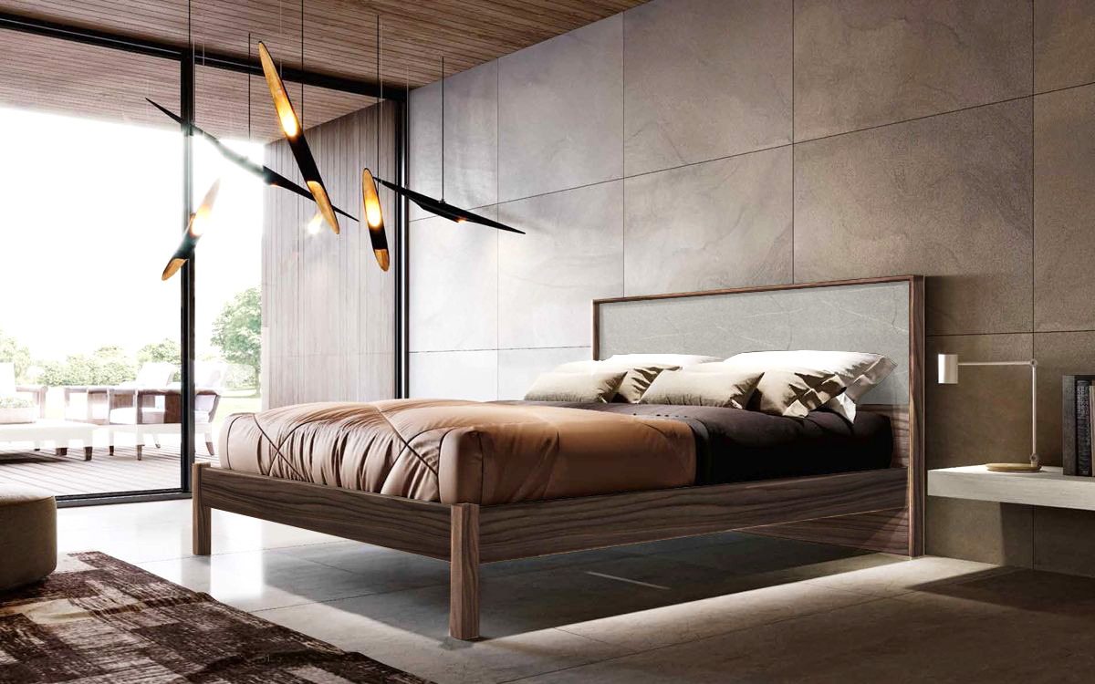 Letto matrimoniale in legno, Noce Moro con inserto Graniglia scura
