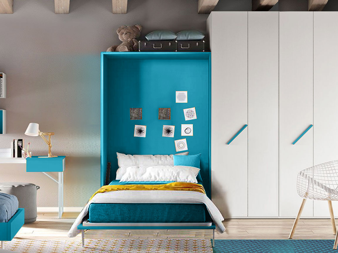 Innovativo Letto a scomparsa una piazza e mezza, colore Oceano 