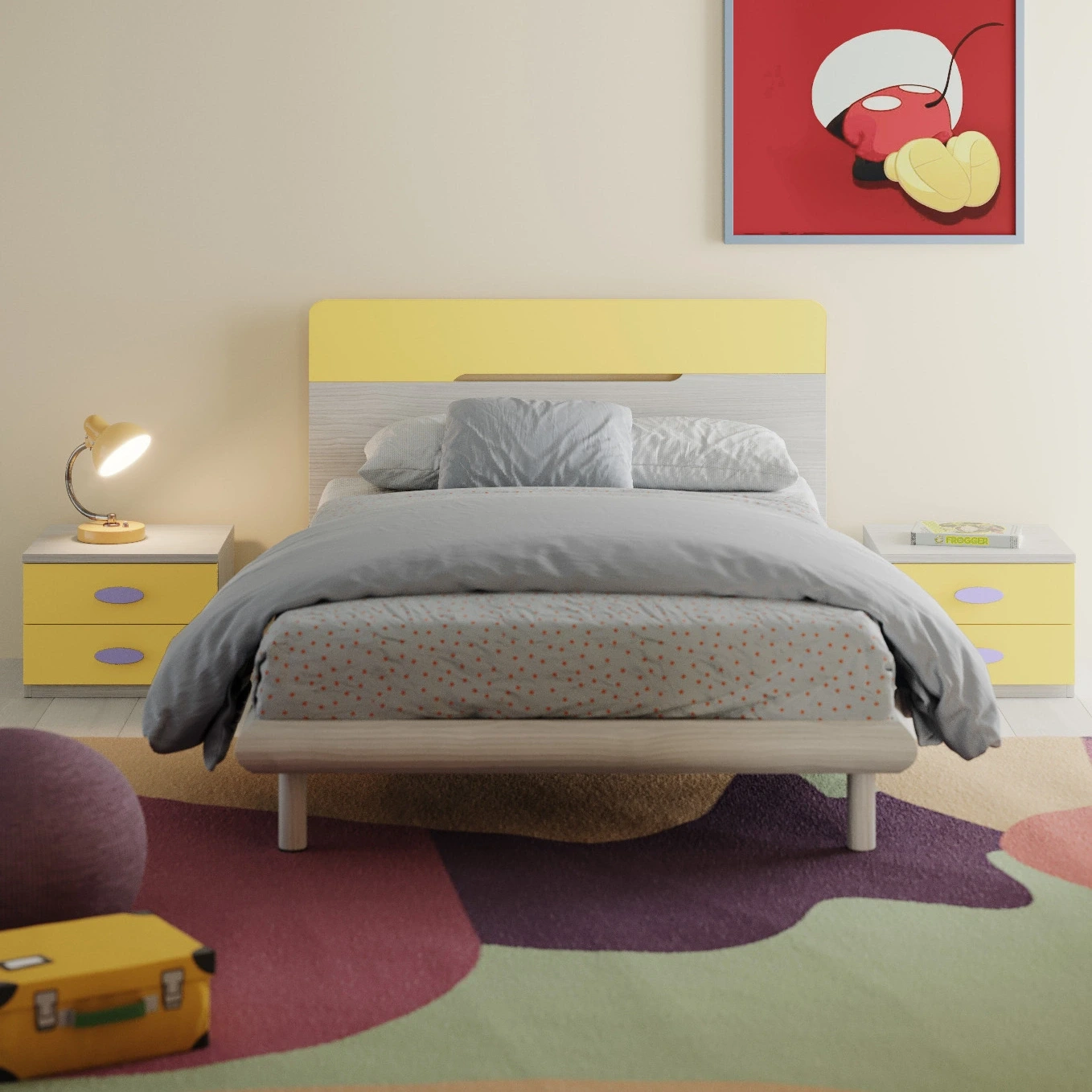 Letto una piazza e mezza, L.128 H.90, Cenere wood e Giallo Zenzero Shop