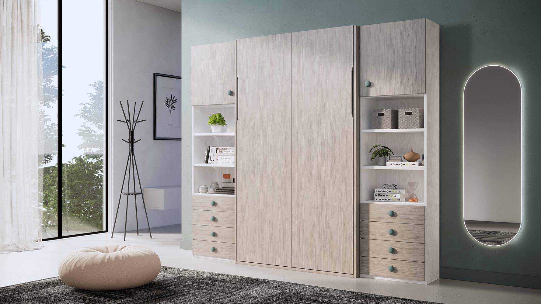 Letto salvaspazio 1 piazza e mezza con librerie, finitura Gessato cenere e Frassino bianco