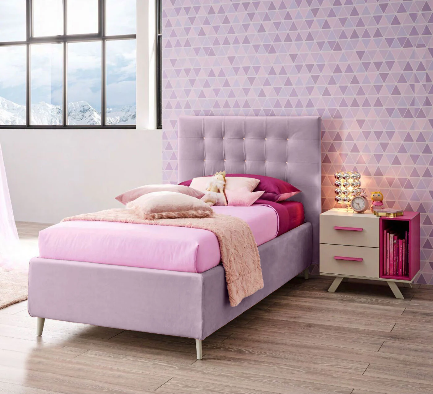 Letto singolo Pixel Moretti Compact con contenitore laterale, tessuto VL 12