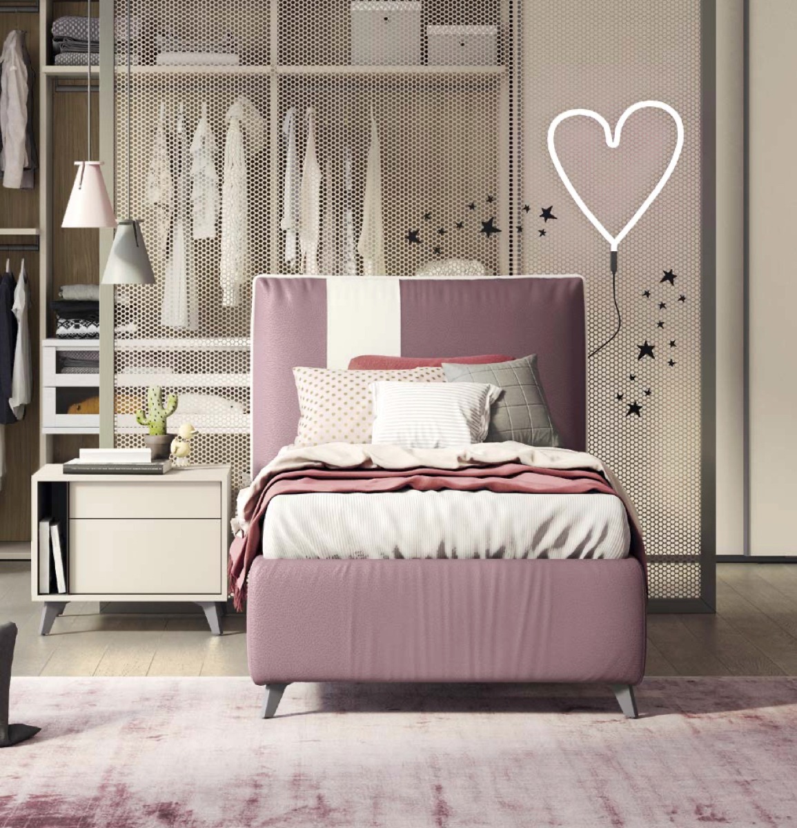 Letto singolo ragazza in ecopelle Malva e Bianco candido