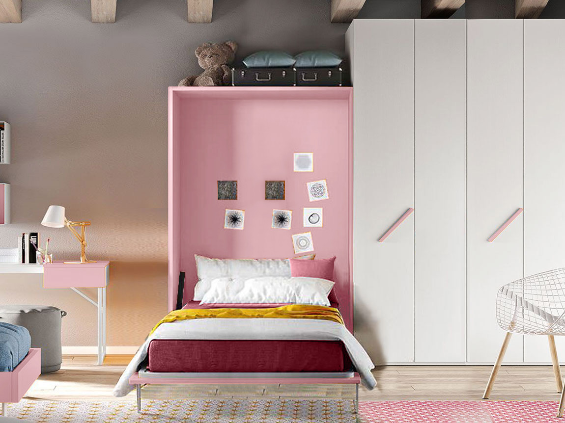 Letto a scomparsa per ragazzi una piazza e mezza, colore Cipria