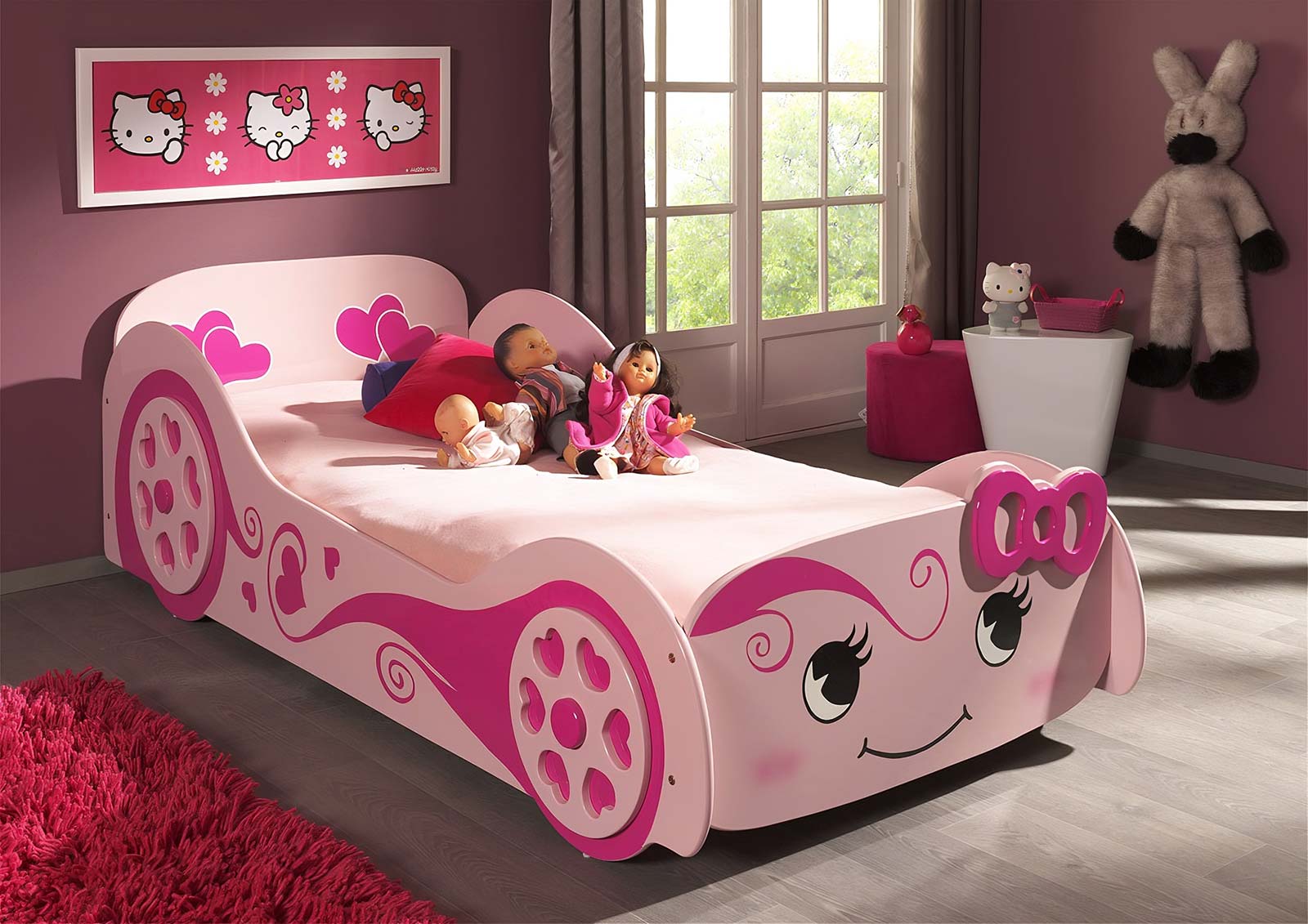 Letto per bambine design macchina, finitura Rosa laccato
