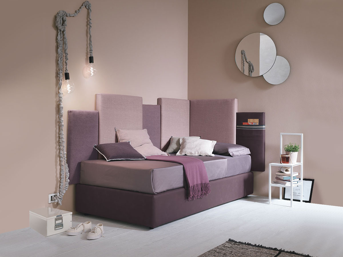Letto contenitore singolo con testata a due lati, ecopelle e tessuto Lilla