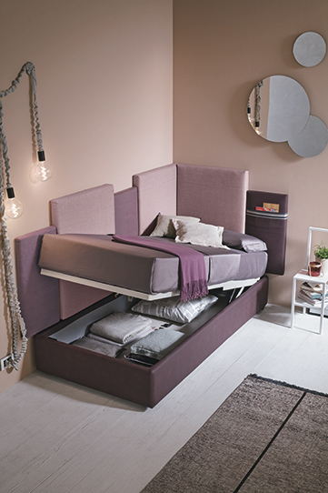 Letto contenitore singolo con testata a due lati, ecopelle e tessuto Lilla