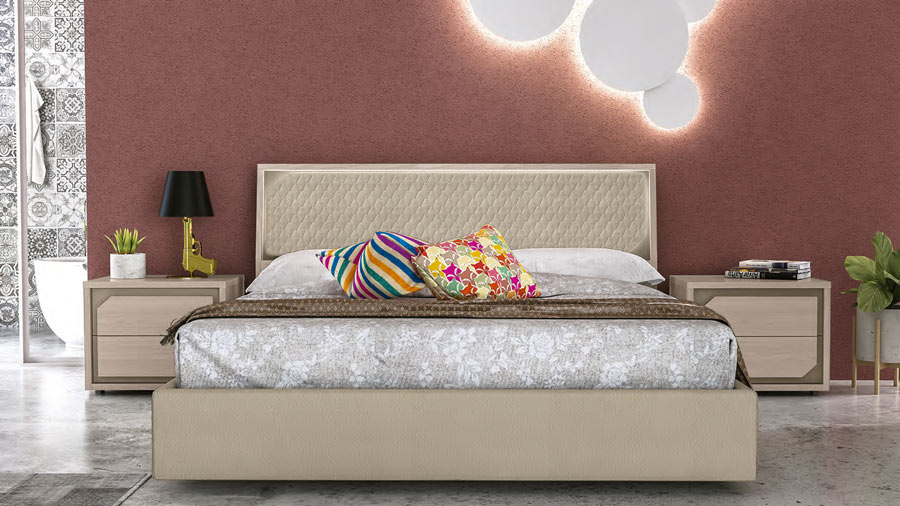 Letto contenitore moderno, ecopelle Sabbia con giroletto imbottito